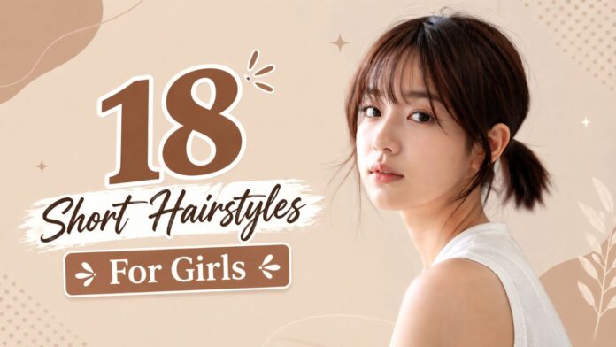 collage of short hair hairstyles for girls including bob pixie and wavy styles